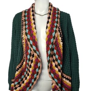 Women's Long Sleeve Crochet Cardigan Sweater, Green with Multi Color, Size M/L